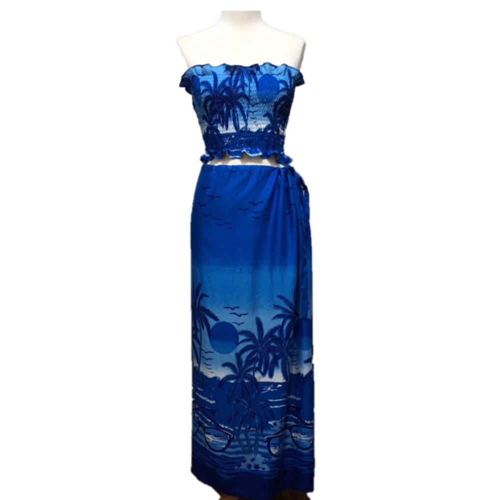 Palm tree print sarong with halter in blue